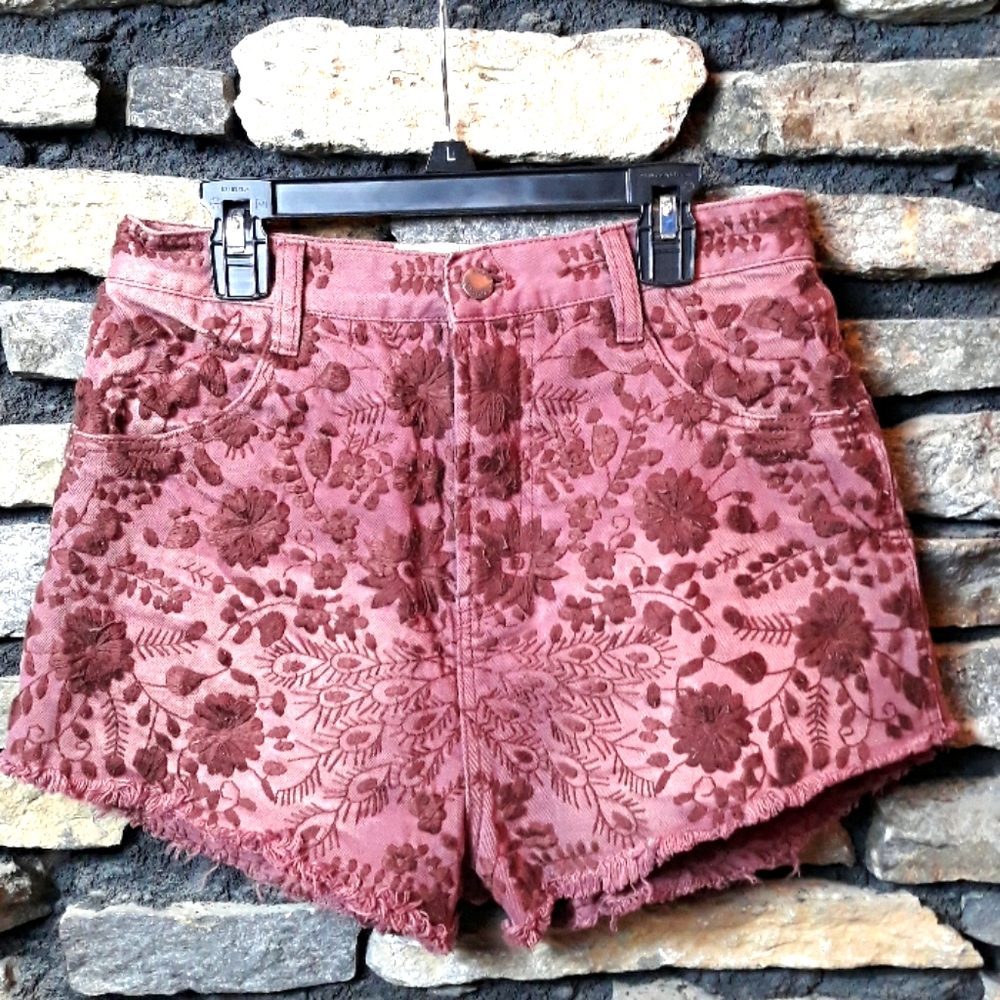Free People boho style embroidered denim shorts